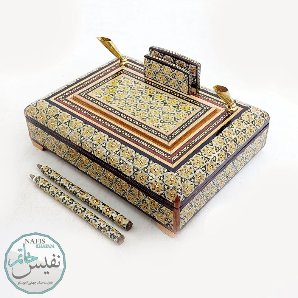 جاقلمی رومیزی جعبه دار خاتم کاری | طرح تمام خاتم و تذهیب